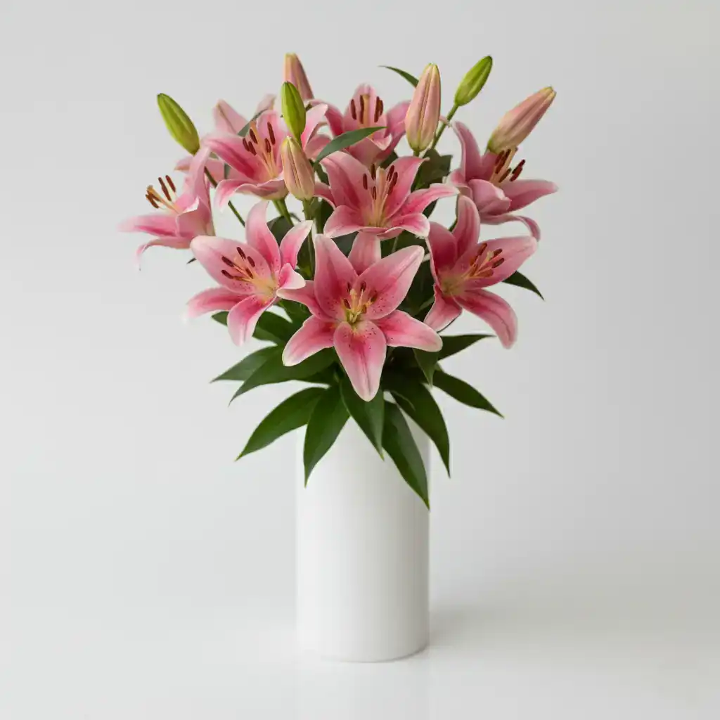 Stunning bouquet of fresh pink Asiatic Lilies with green leaves and buds, elegantly arranged in a minimalist white ceramic vase against a clean neutral background.
