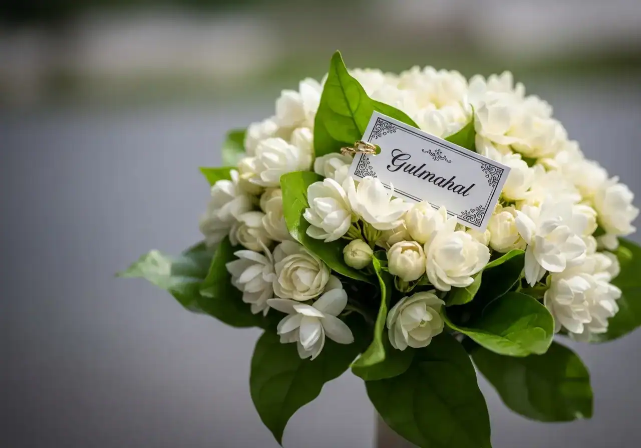 A bridal bouquet of white Arabian Jasmine (Jasminum sambac) with fresh green leaves, featuring delicate multilayered petals and a small decorative card, captured in soft outdoor light.