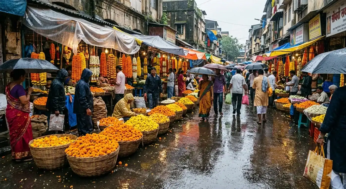 Busy Indian flower market with vibrant marigold garlands and fresh flowers during monsoon, showcasing local street vendors and traditional floral trade.