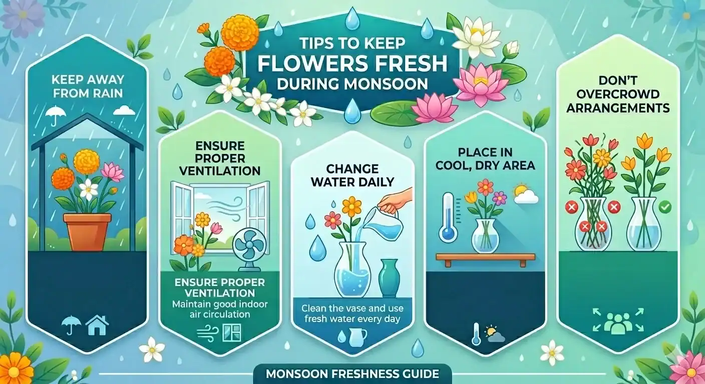 Infographic on tips to keep flowers fresh during monsoon, including ventilation, changing water daily, avoiding rain, and proper flower arrangement care.