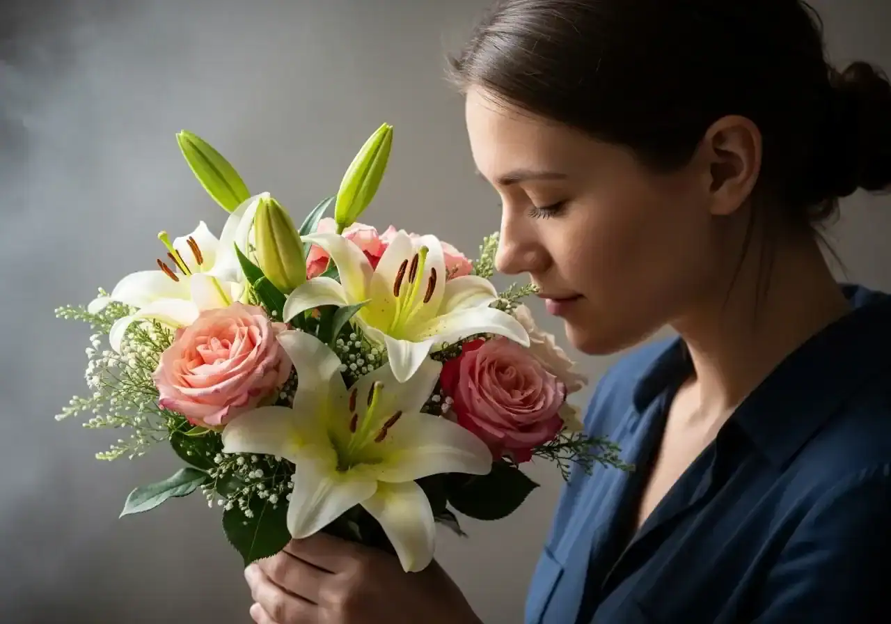 A young woman smelling a fresh bouquet of white lilies and pink roses with green buds, featuring elegant floral arrangement details and soft side lighting in a moody studio setting.