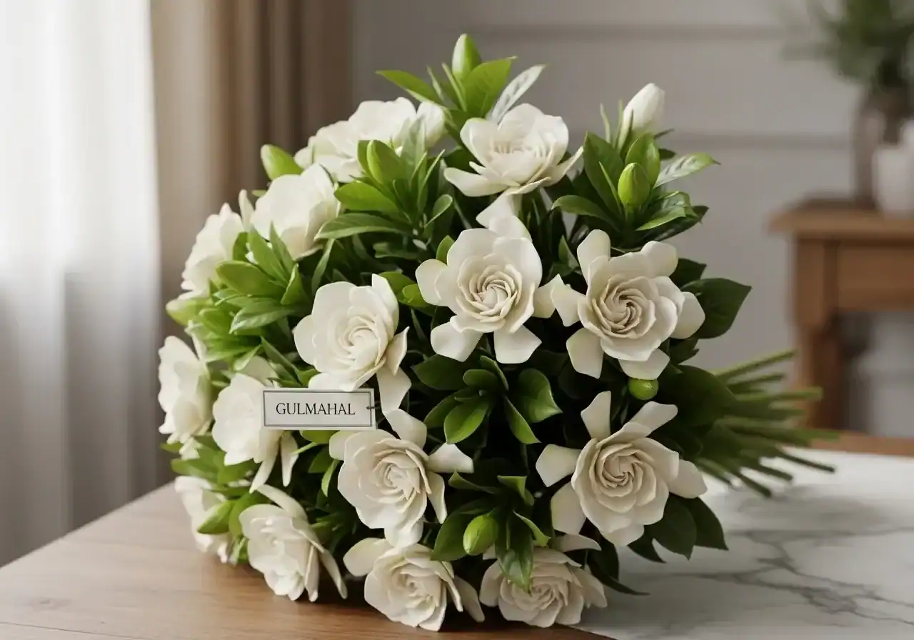 Lush bouquet of white Gardenia flowers with rich green leaves and buds, styled on a marble and wood tabletop in a bright, airy room with natural window lighting.