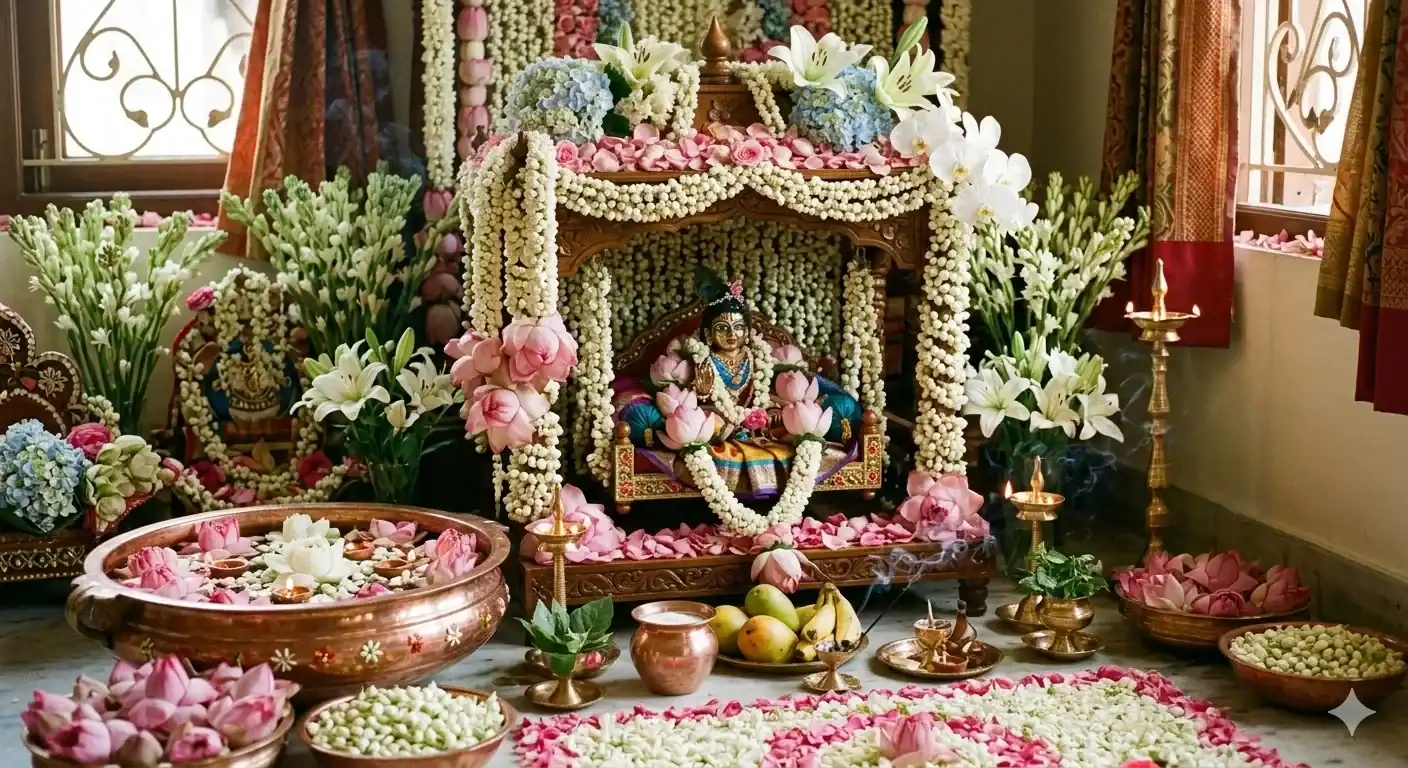 Beautiful Janmashtami decoration with flowers, featuring Lord Krishna idol adorned with jasmine garlands, roses, lilies, and traditional festive floral arrangements.