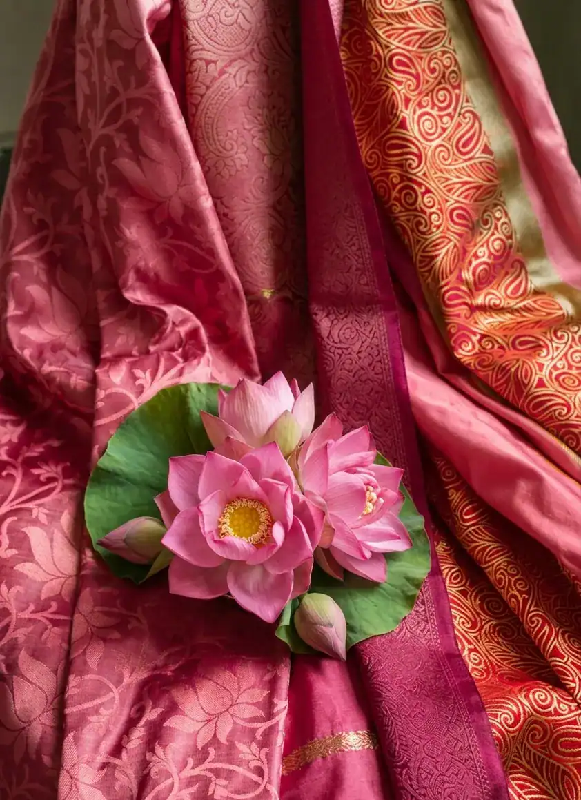 Elegant pink lotus flowers on luxurious silk saree fabric, traditional Indian floral aesthetic with sacred lotus blooms, festive ethnic décor inspiration and premium cultural flower