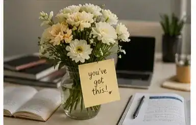 White chrysanthemum flowers in a glass vase on a study desk with open books and a motivational you've got this sticky note, flowers for students