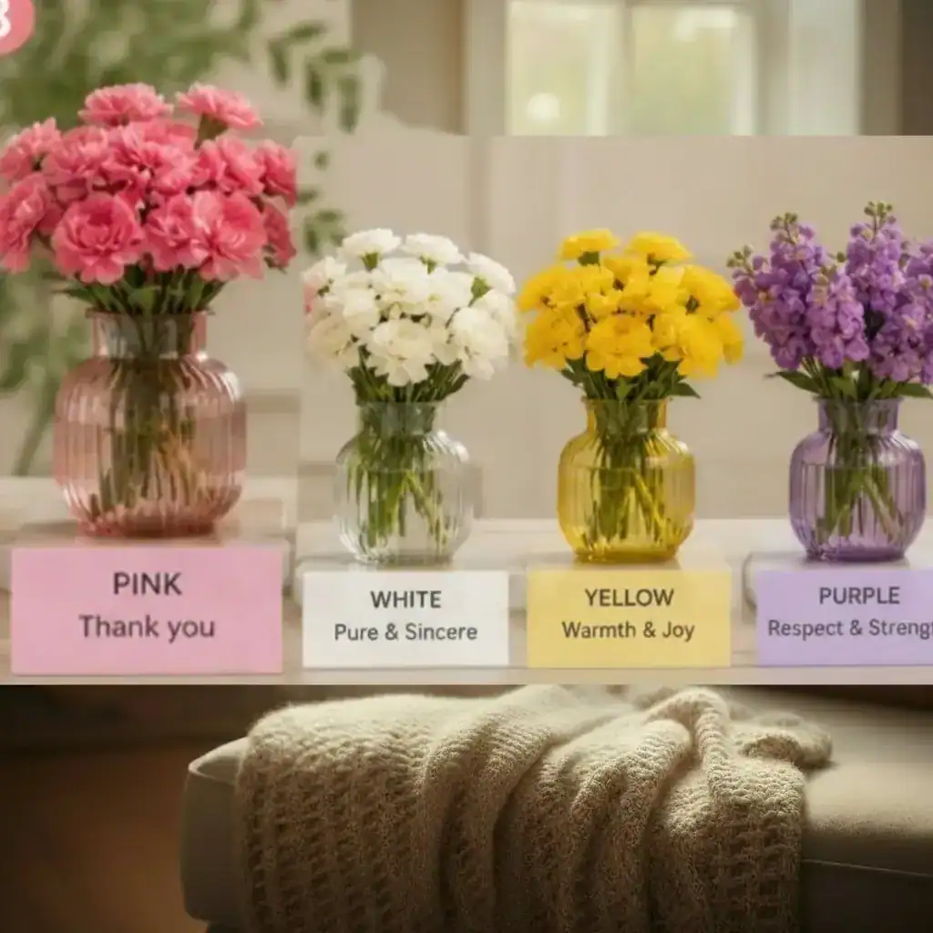 Different colored flowers representing emotions like gratitude, joy, and admiration.