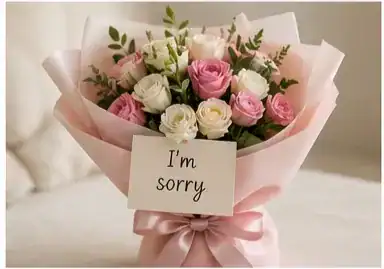 Elegant pink and white rose apology bouquet with handwritten sorry note, romantic flower arrangement for heartfelt apologies, relationship healing flowers and thoughtful gifting