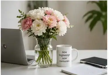 Soft pink and white flower vase arrangement for modern workspace décor, fresh floral desk styling with minimalist aesthetic and inspirational morning setup