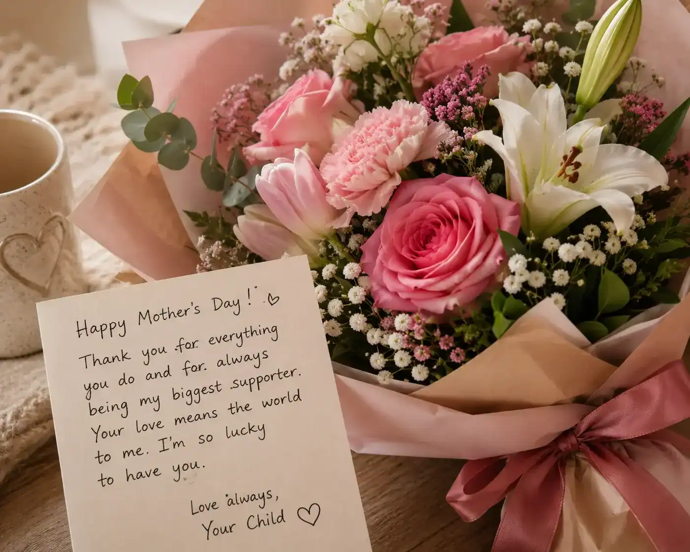 A bouquet paired with a handwritten note for a thoughtful Mother’s Day gift