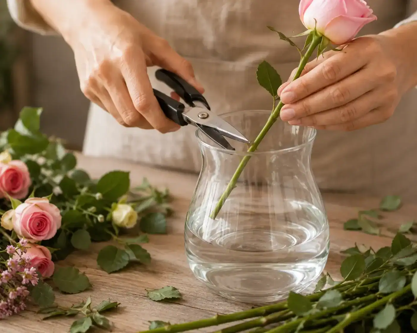 Trimming flower stems and placing them in water to keep them fresh longer