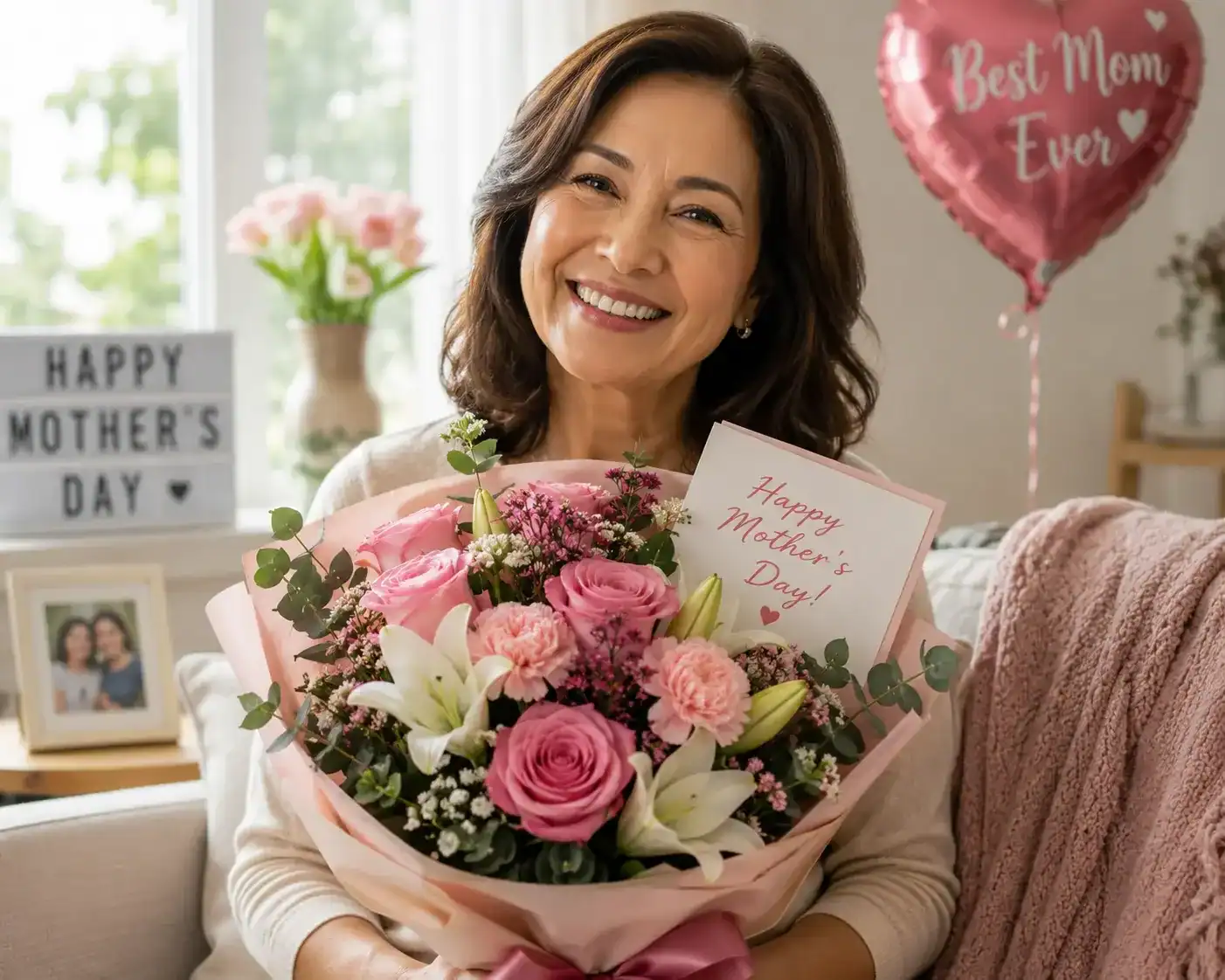 A smiling mother holding a bouquet of fresh flowers on Mother’s Day