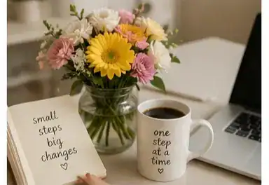 Fresh pastel flower arrangement beside motivational workspace setup, aesthetic floral desk décor with inspiring quotes, self-care flowers for productivity and wellness inspiration