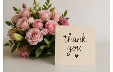oft pink rose bouquet with green foliage beside a handwritten thank you card on a white surface, floral gift arrangement for appreciation