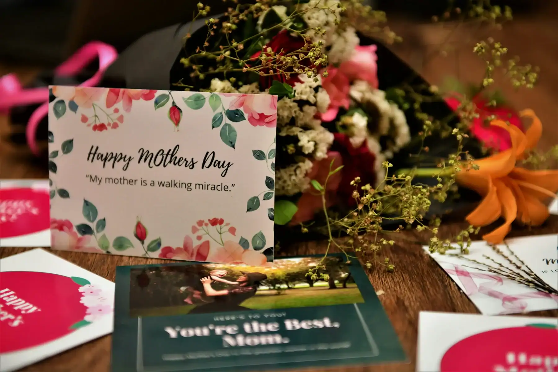 A collection of Mother's Day greeting cards and a colorful floral bouquet with roses and lilies scattered on a wooden table, featuring the quote "My mother is a walking miracle."