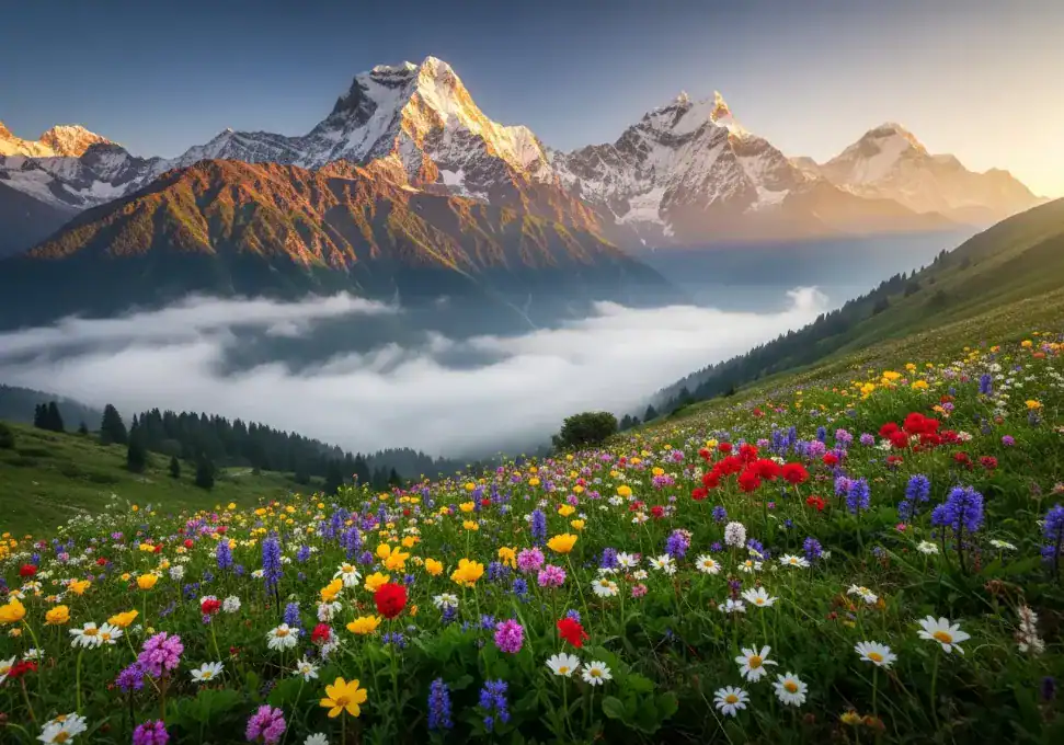 Scenic mountain landscape with colorful wildflower meadow, snow-capped peaks, and misty valley at sunrise, showcasing natural alpine beauty and vibrant blooming flowers.