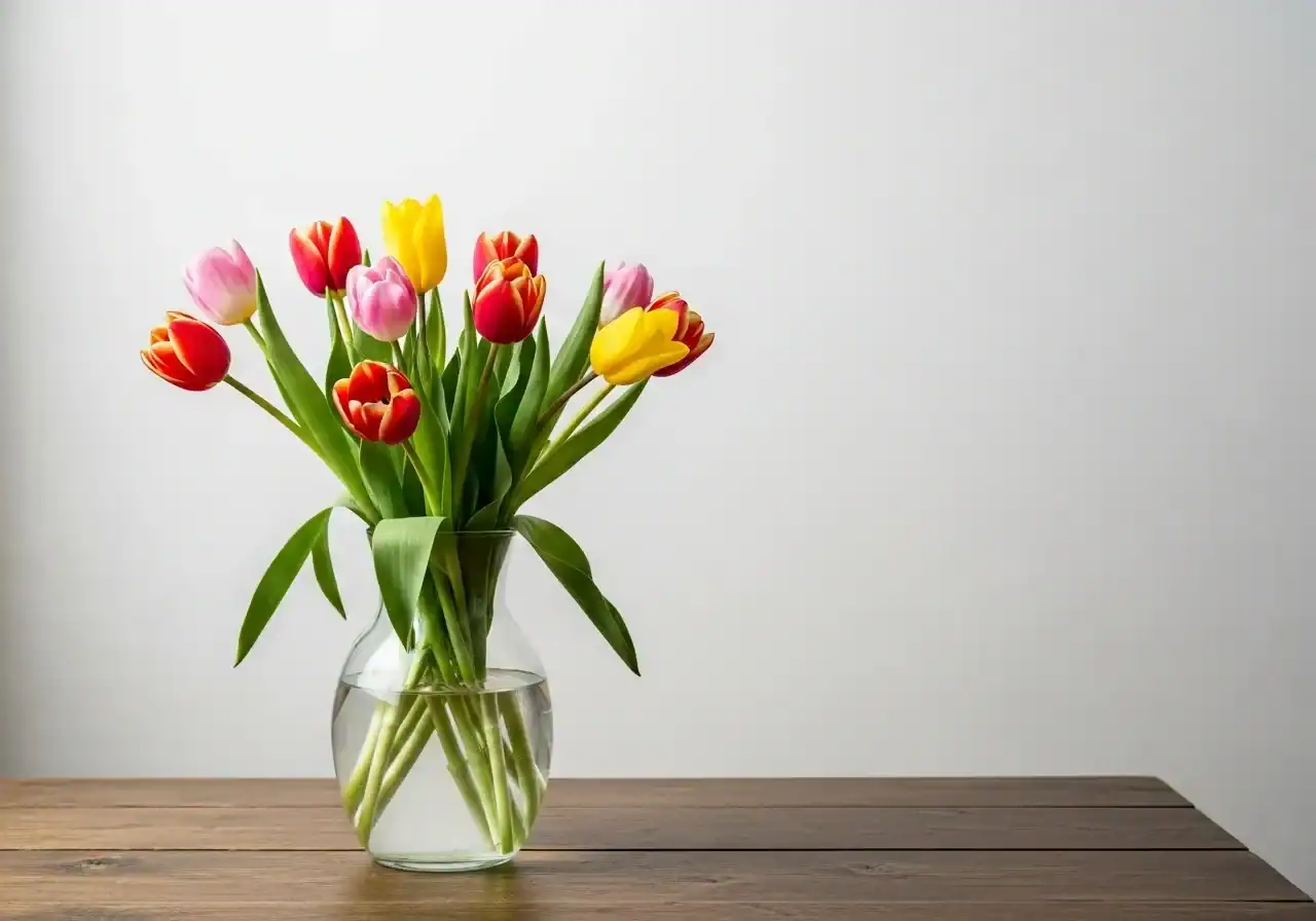 Colorful mixed tulip bouquet in red, yellow, pink and orange in a round clear glass vase on a wooden table against a white wall, fresh spring home decor flowers