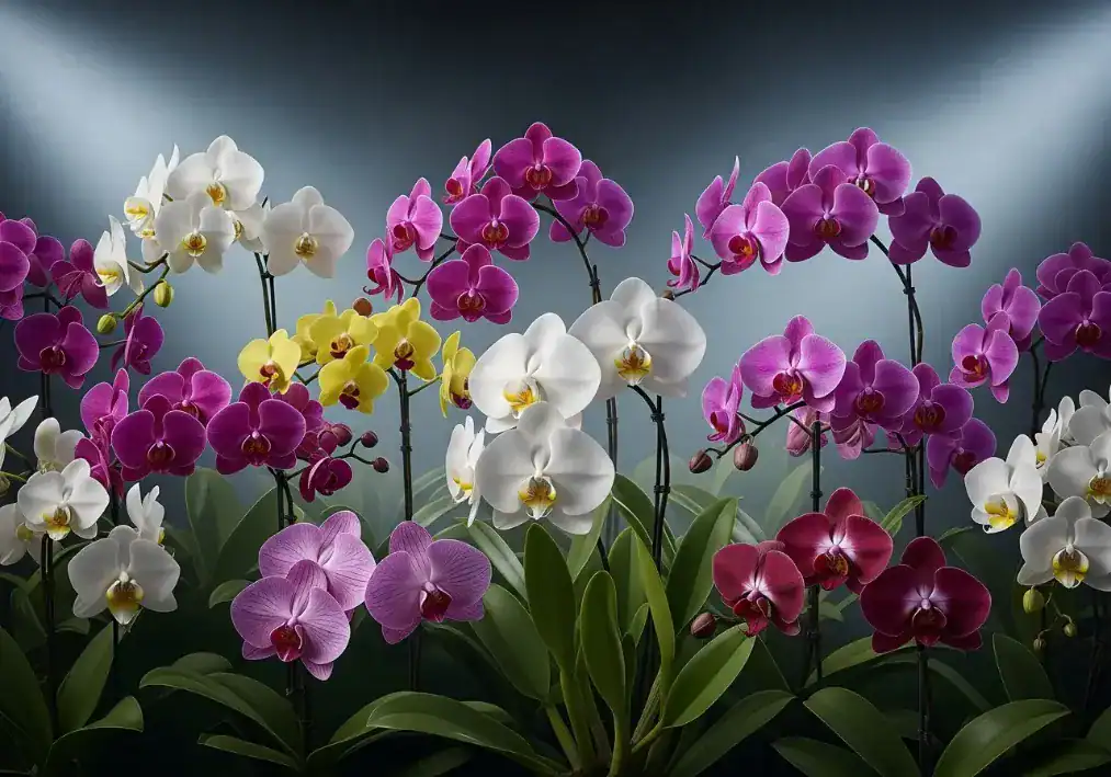 A large indoor display of blooming Phalaenopsis orchid plants featuring white, purple, magenta, and yellow orchids under dramatic studio lighting. Luxury moth orchid collection for interior design and tropical houseplant decor.