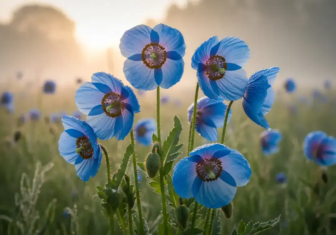 Rare blue Himalayan poppies covered in morning dew drops in a foggy field at sunrise. Sunlit Meconopsis gakyidiana wild blue flowers growing in a misty high-altitude meadow.