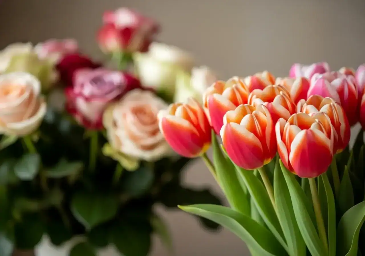 Vibrant orange and pink tulips in sharp focus with blurred peach and magenta roses in background, fresh spring flower arrangement for gifting