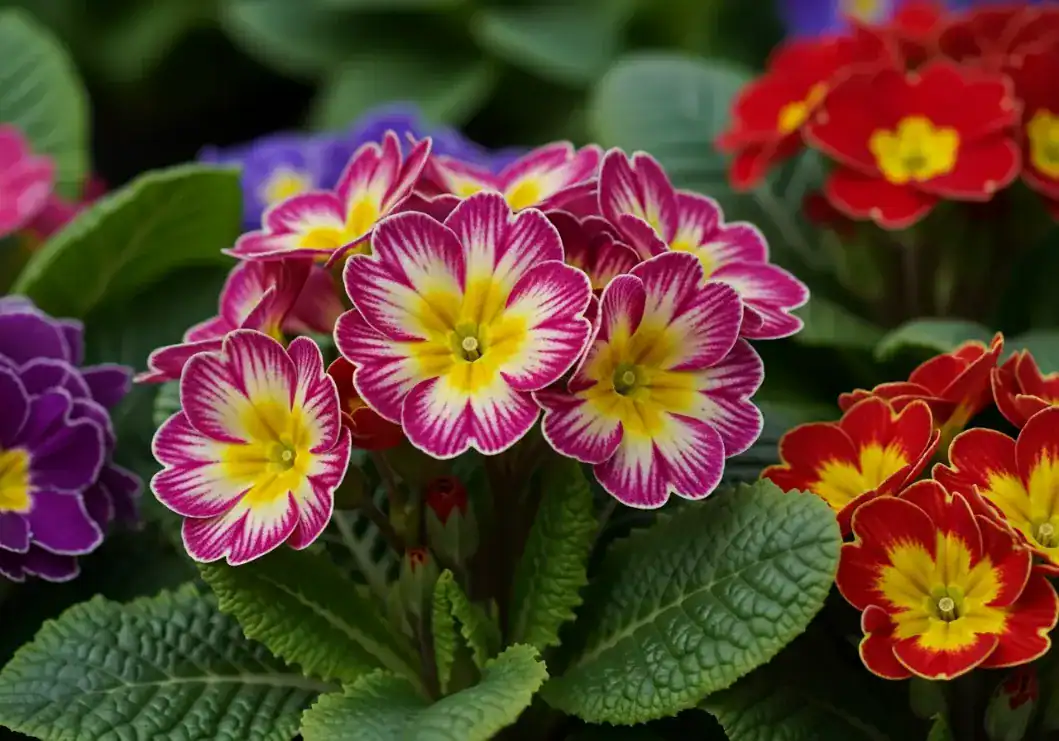 Close-up of pink and white striped primrose flowers with bright yellow centers surrounded by green leaves. Vibrant Primula vulgaris blossoms for perennial garden borders, container gardening, and early spring blooms.