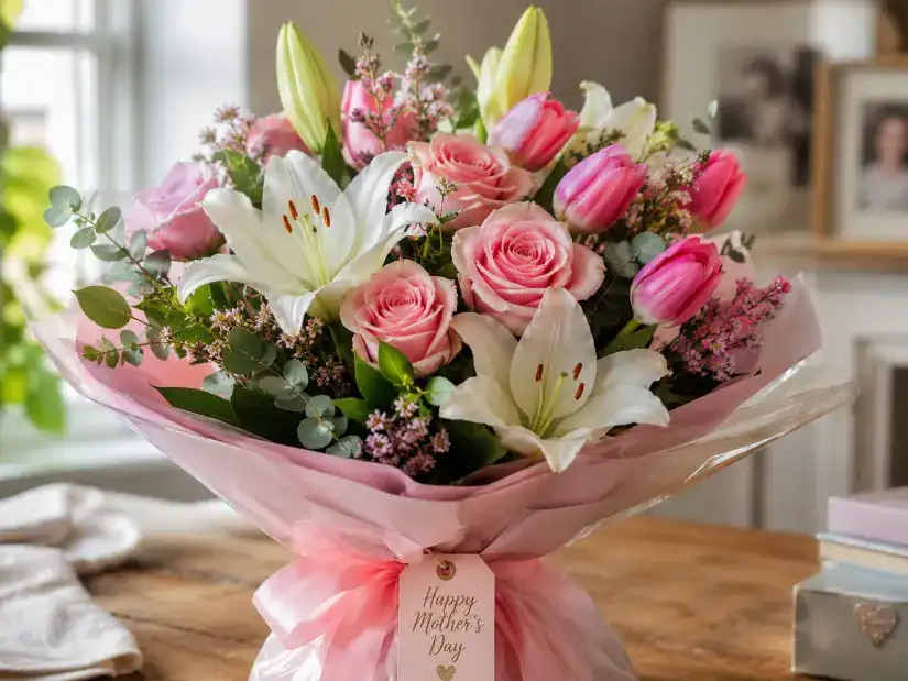 A natural bouquet of roses, lilies, and tulips arranged together for Mother’s Day