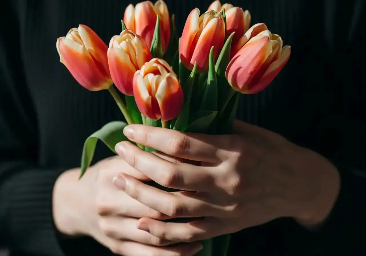 Close-up of hands holding a fresh orange and red tulip bouquet with green stems against a dark background, spring flower gift bouquet
