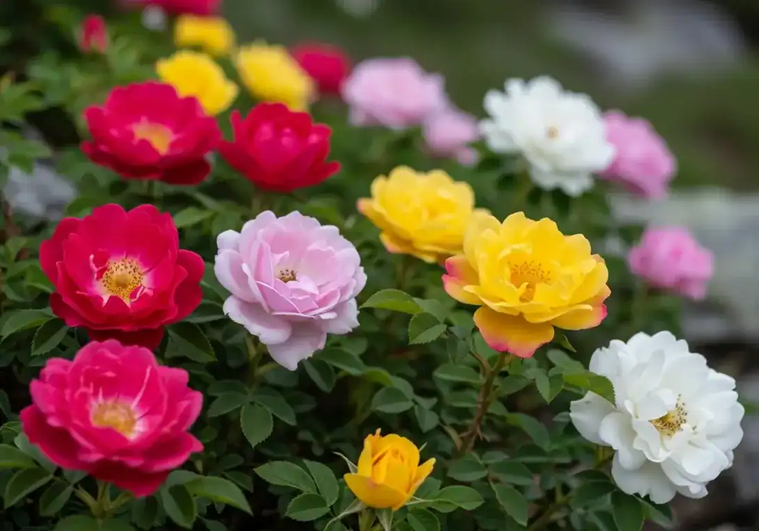Close up of vibrant multi-colored miniature roses in a garden, featuring bright yellow, pink, red, and white petals with green leaves. Colorful rose bush landscape for spring gardening and backyard landscaping ideas.