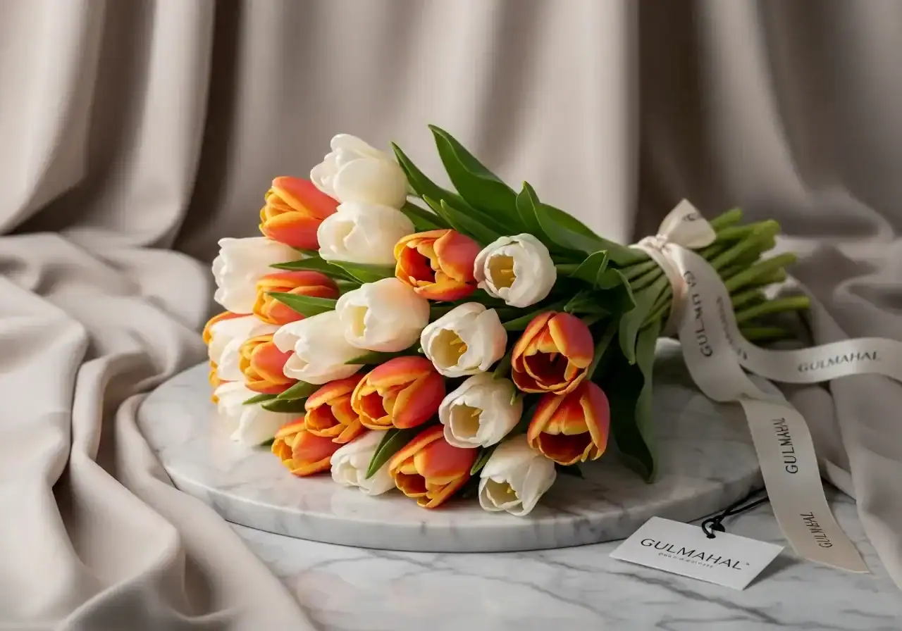 Luxury mixed orange and white tulip bouquet tied with Gulmahal branded ribbon displayed on a marble tray with draped fabric background, premium flower delivery gift