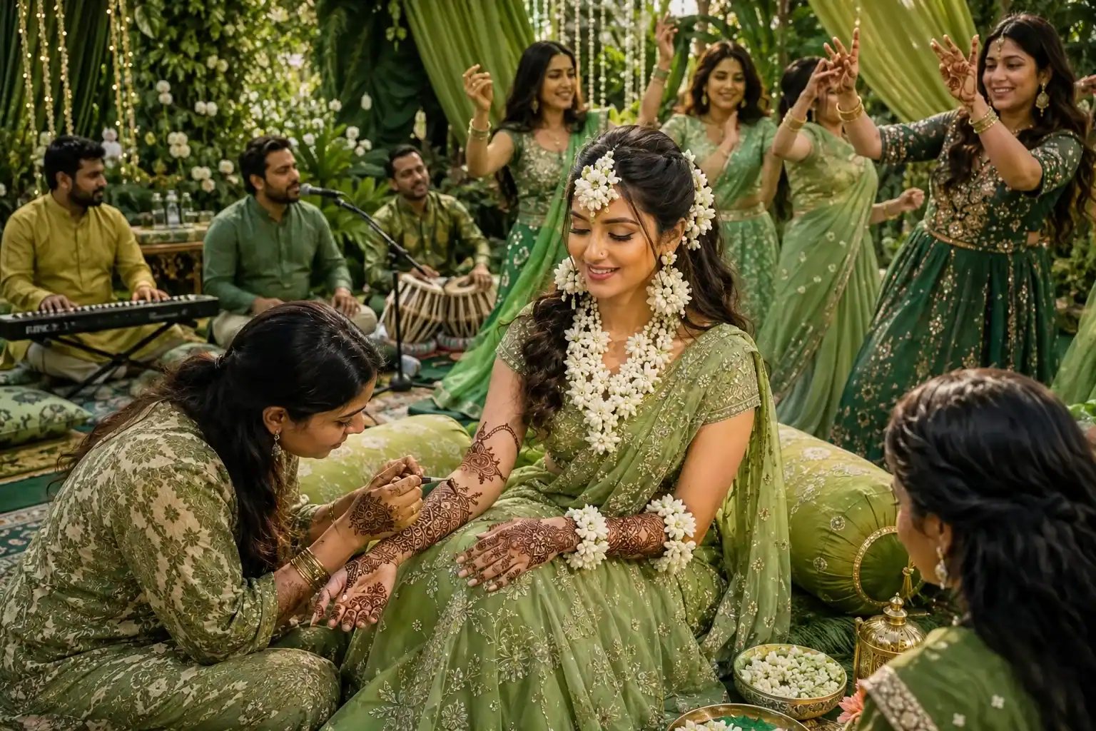 Usage of Arabian jasmine for mehendi night. Blending perfectly with the green background