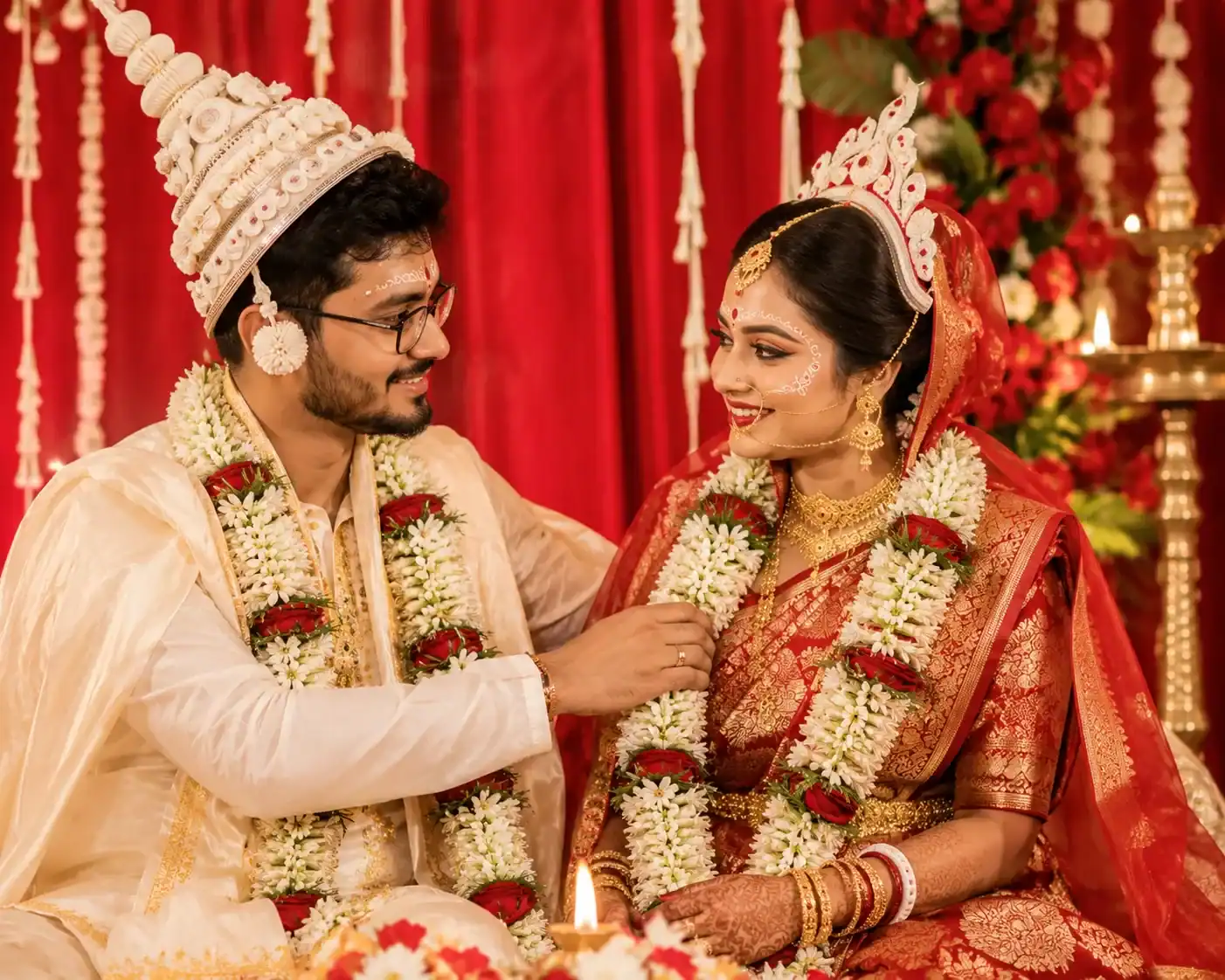 The fragrant tuberose garlands and classic red Banarasi saree perfectly capture the timeless elegance and romance of a grand Bengali wedding.