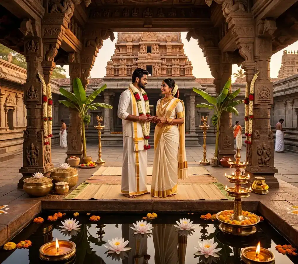 Use of white water lilies as decor in Malayali weddings. Perfectly blending with the temples’ aesthetics.