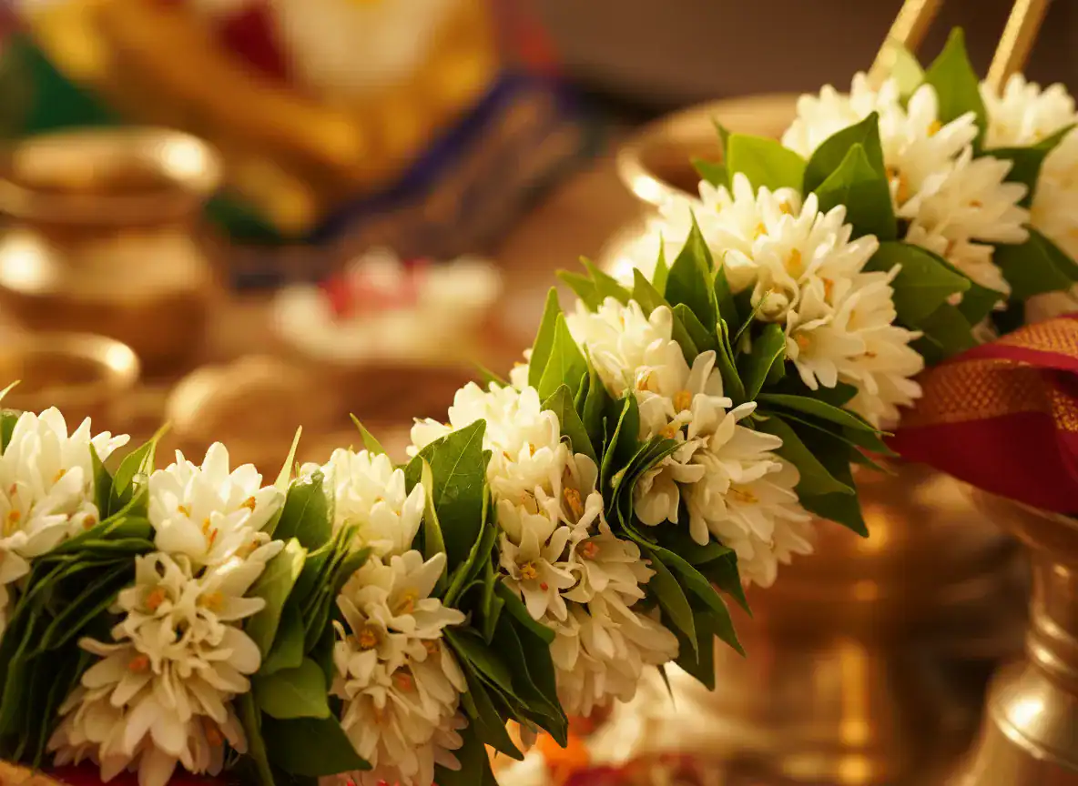 Traditional Indian white jasmine flower garland with green leaves resting on brass puja vessels, fresh mogra mala for Hindu wedding ceremony and pooja decoration