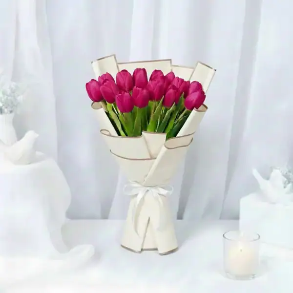 Dark Pink tulip flowers bouquet wrapped beautifully in Korean Paper