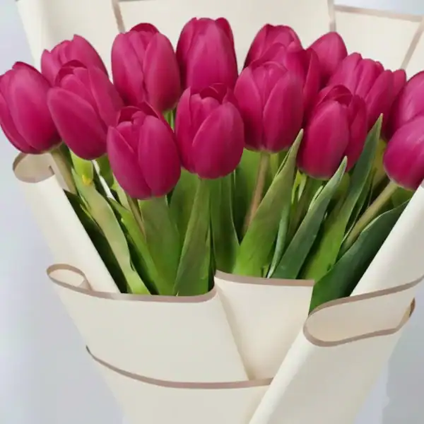 Dark Pink tulips bouquet wrapped beautifully