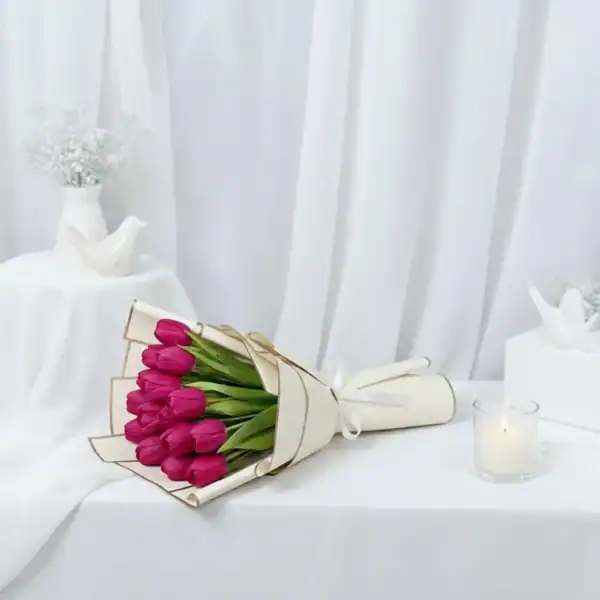 Dark Pink tulips bouquet wrapped beautifully in Korean Paper