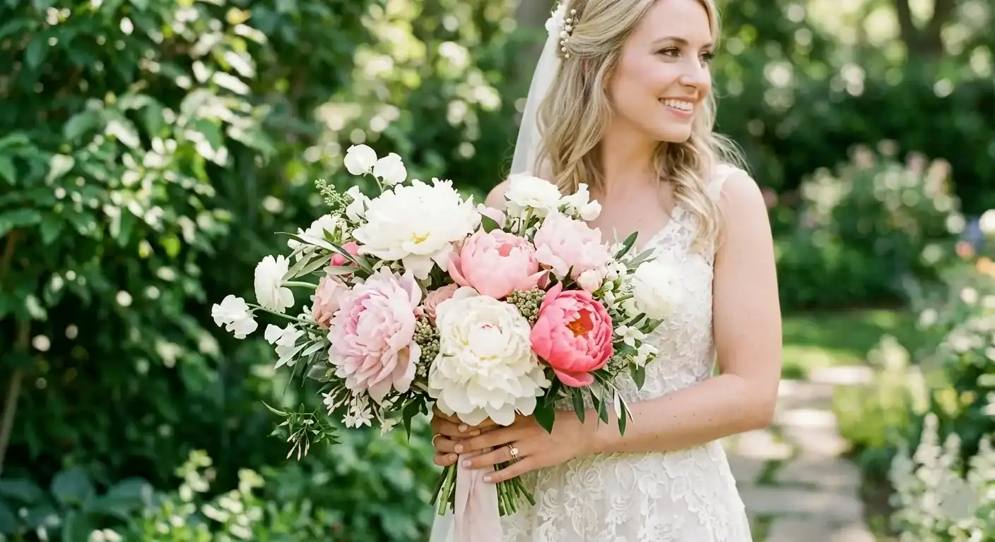 Smiling bride in white lace wedding dress holding a large pink and white peony bouquet with greenery in a garden, elegant bridal flower bouquet for weddings