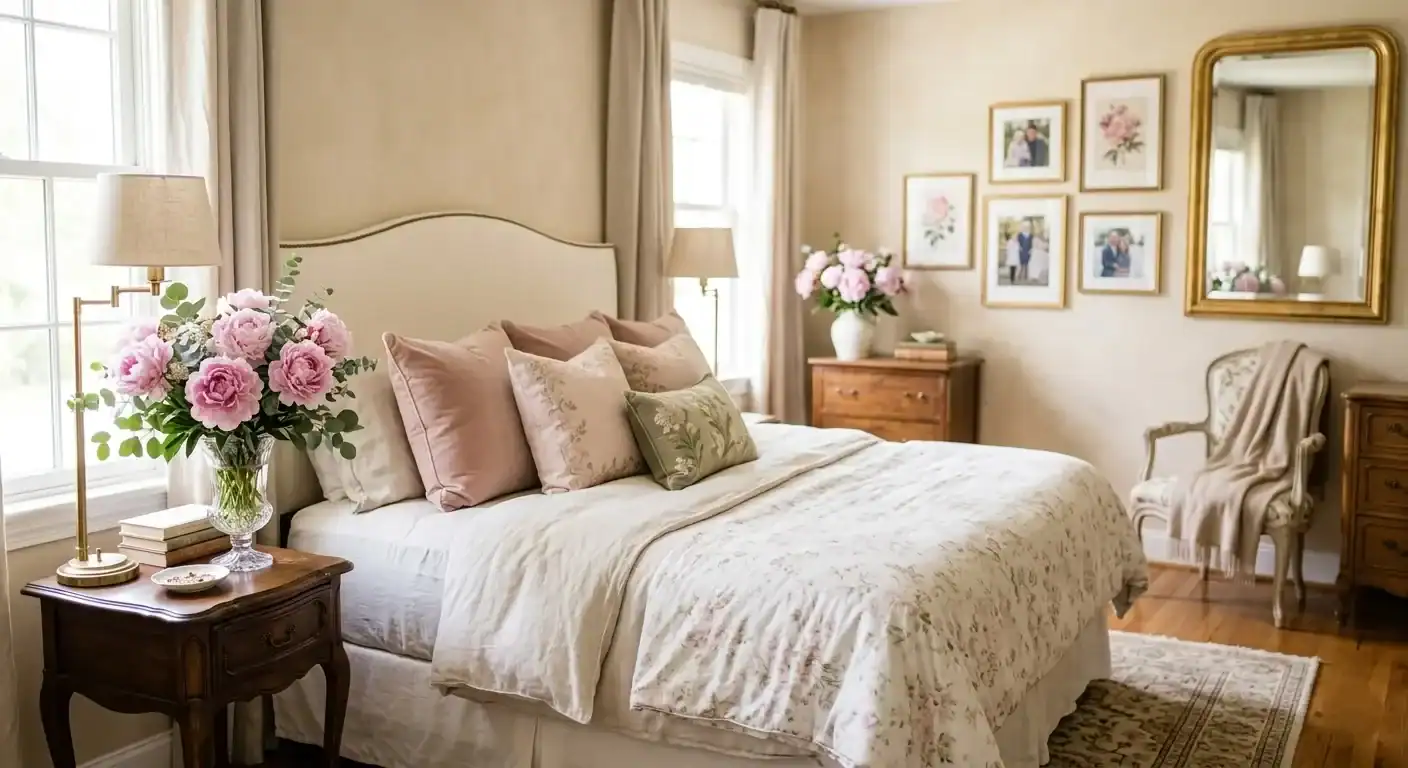 Cozy French country style bedroom with pink peony bouquet in glass vase on wooden nightstand beside a bed with floral bedding, fresh flower home decor with peonies
