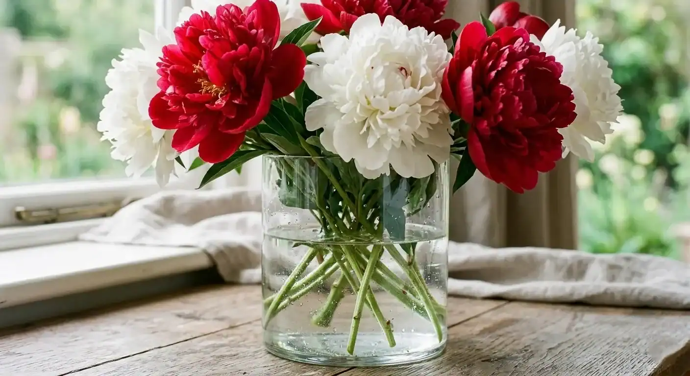 Red and white peony flowers arranged in a clear glass cylinder vase on a rustic wooden table by a window, fresh peony bouquet for home decor and gifting