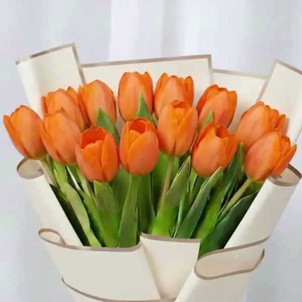 Orange tulips bouquet wrapped beautifully