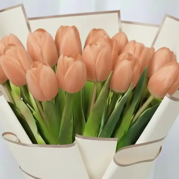 Peach tulips bouquet wrapped beautifully