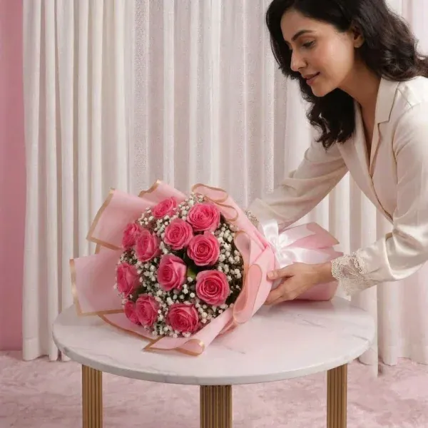 Beautiful Pink Roses Bouquet held in hand by woman
