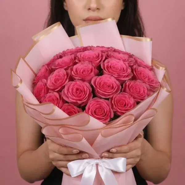 Pink Rose Bouquet on table held in hand by woman