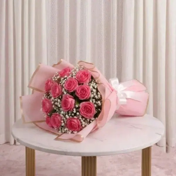 Pink Roses Bouquet on table - 10 Stems