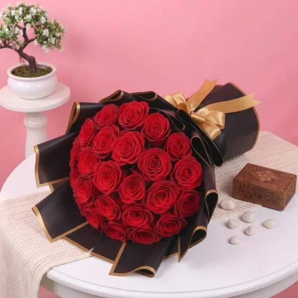 Red Roses Bouquet on table