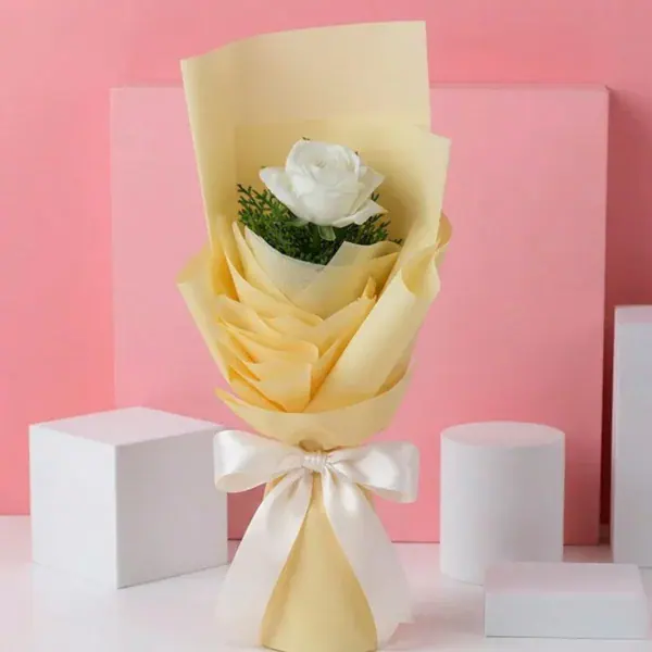 Single Stem White Rose Bouquet Wrapped Beautifully in paper