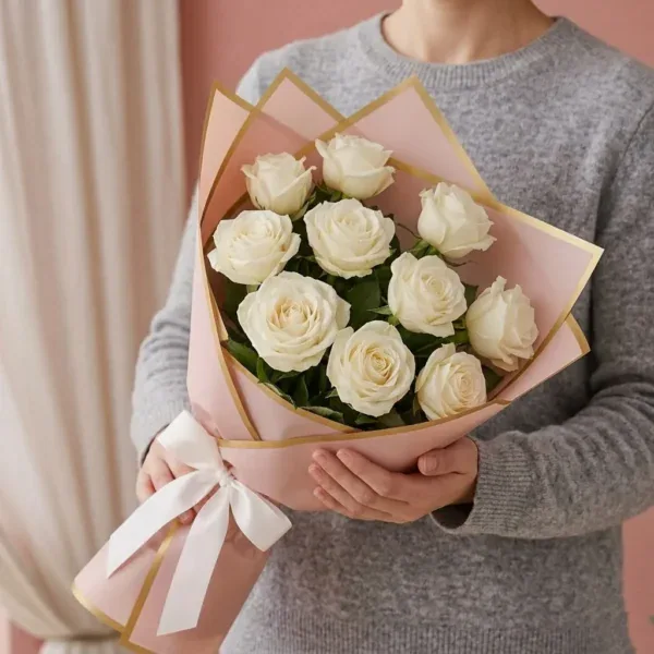 White Roses Bouquet - 10 Stems held in hand