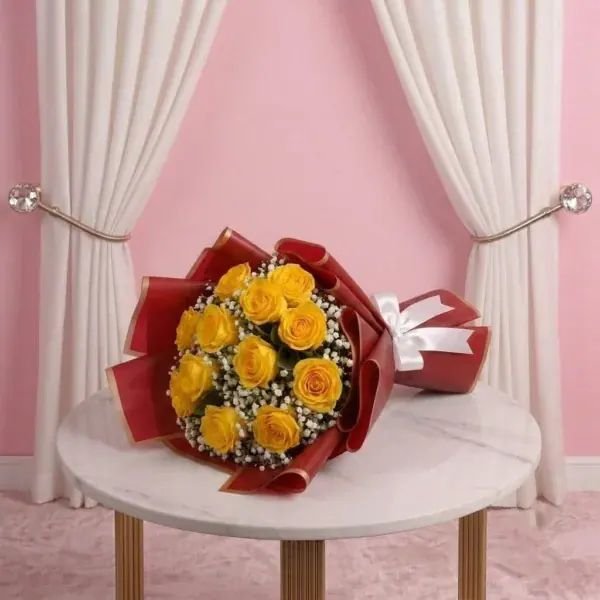 Yellow Roses Bouquet on table - 10 Stems